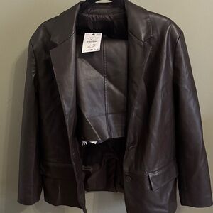 Brown Leather Blazer with matching skirt
